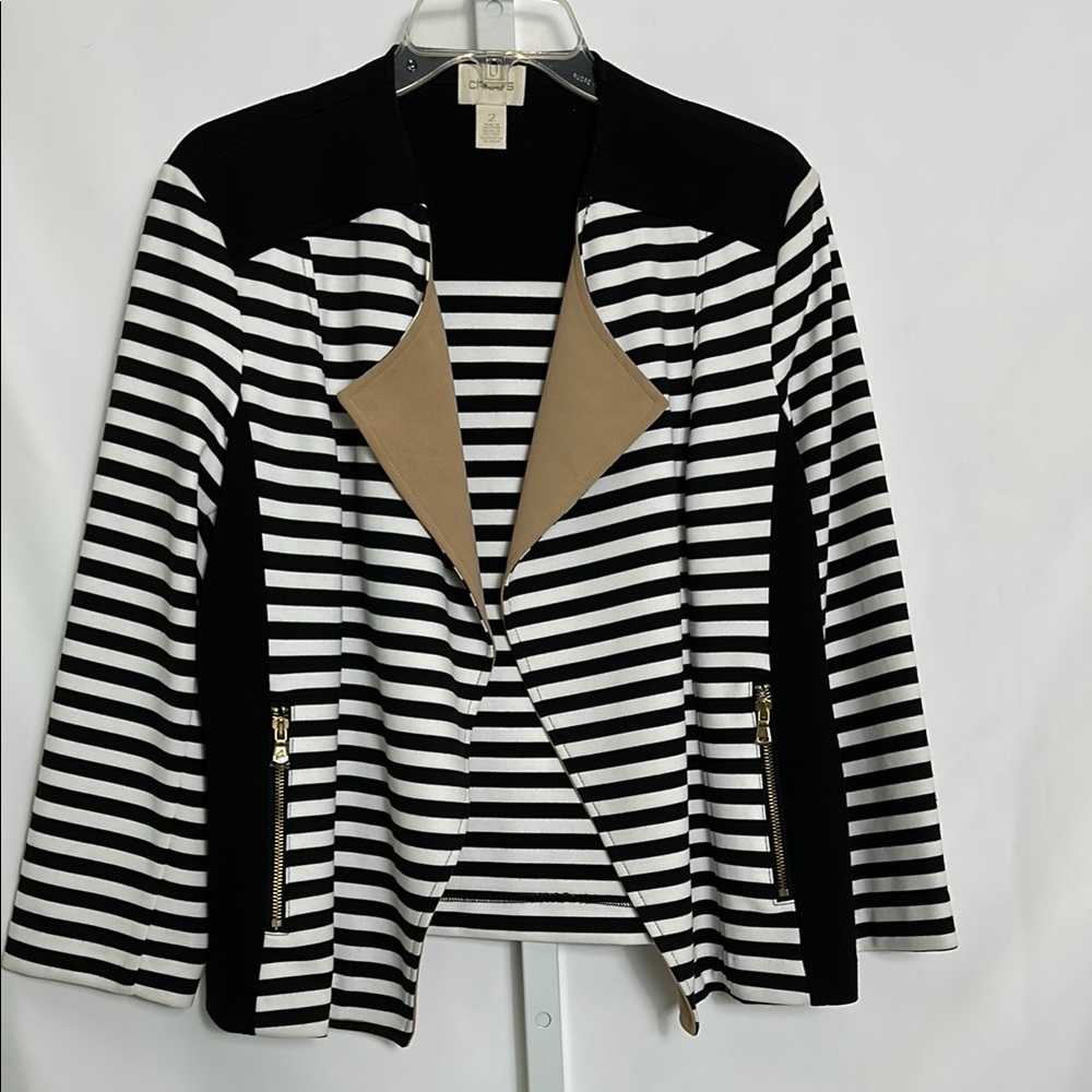 Chico’s Size 3 Striped Black White Women's Size Medium Open Front Jacket Top